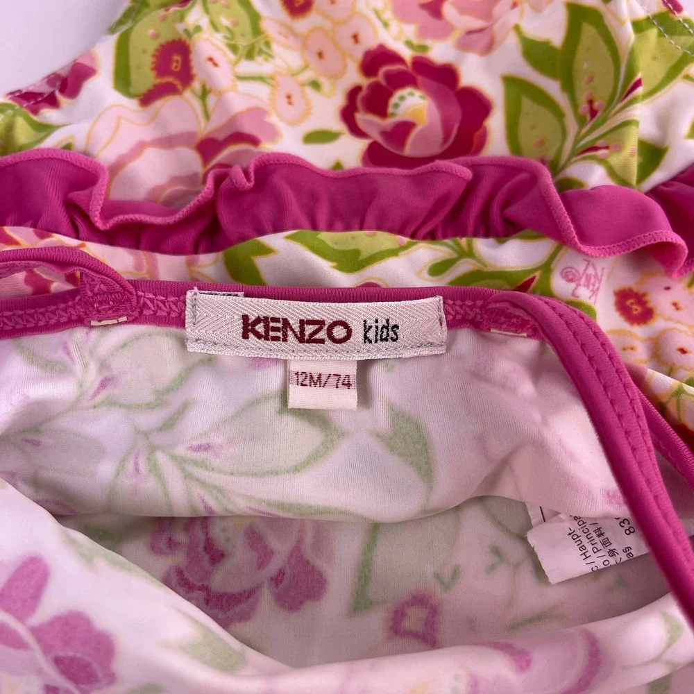 KENZO Kids Pink Green White Rose Floral Ruffle One Piece Swimsuit Swim 12 Months